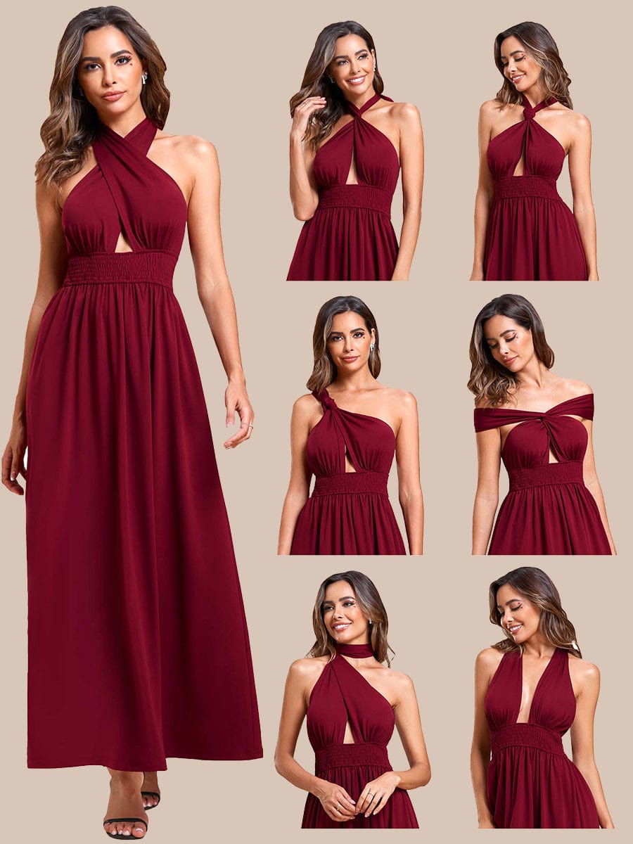 Close-up of the convertible halter neckline and bodice of the red bridesmaid dress.