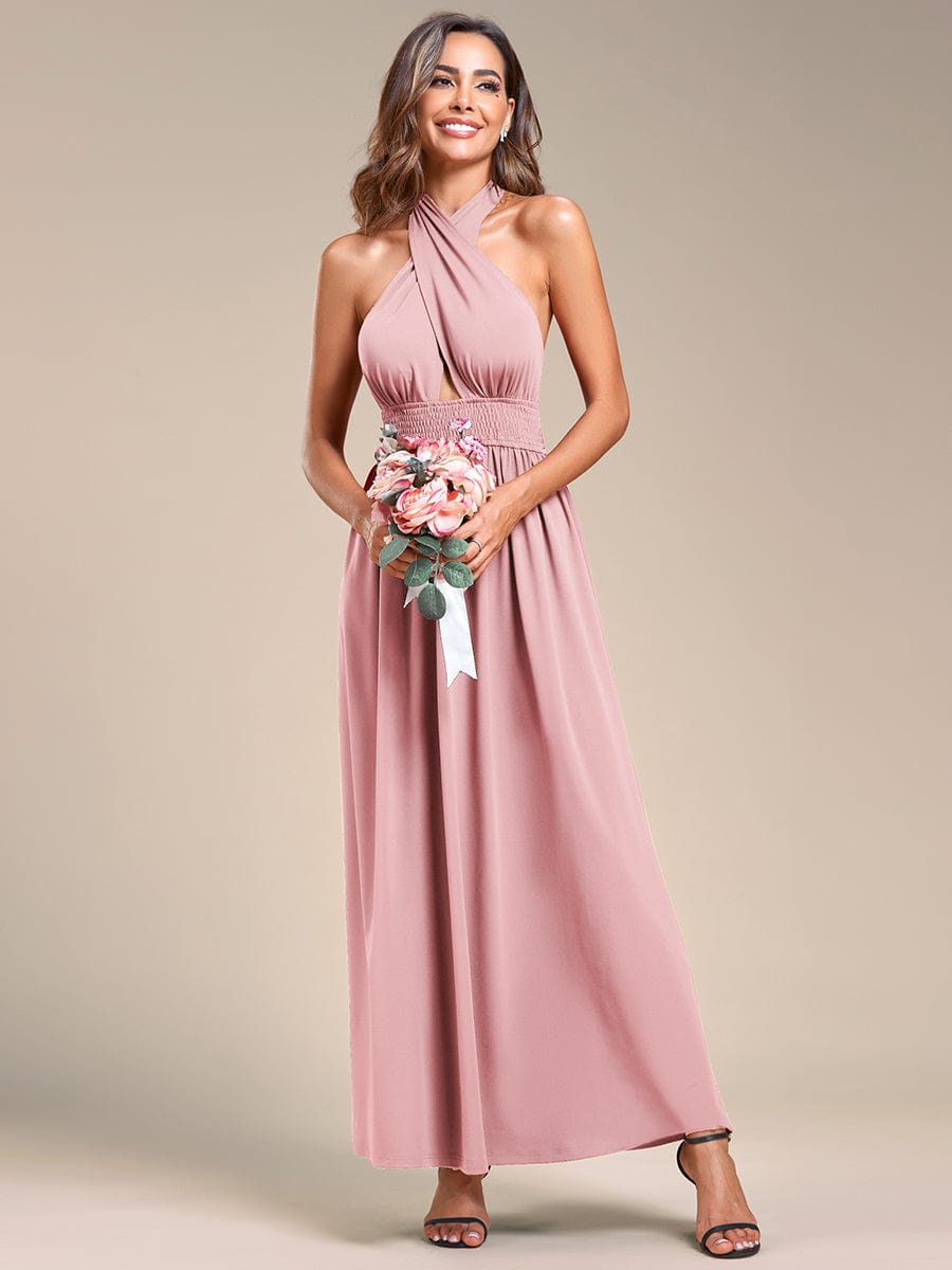 Back view of the red convertible halter A-line tea-length bridesmaid dress, emphasizing the open back.