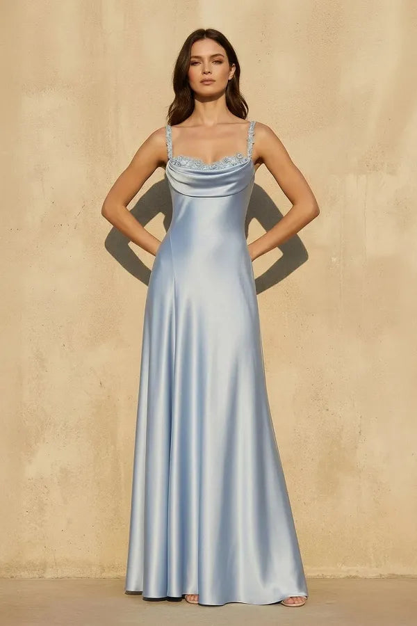 Elegant Cowl Neck Satin Embroidered Open Back Maxi Dress