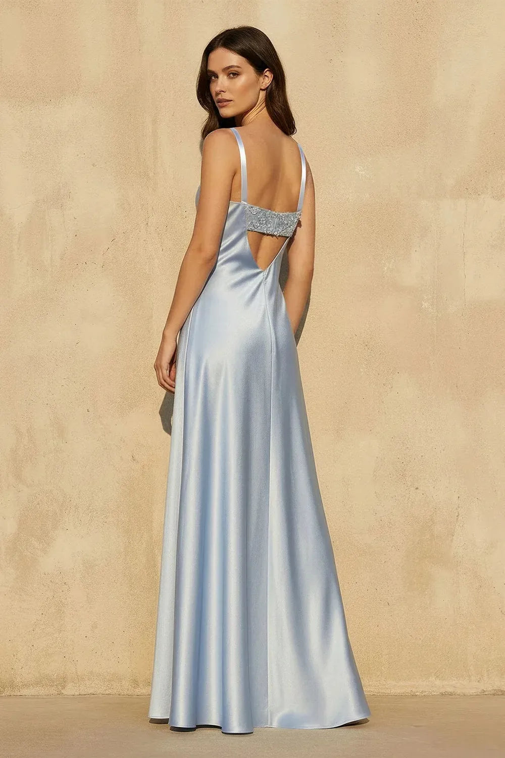 Elegant Cowl Neck Satin Embroidered Open Back Maxi Dress