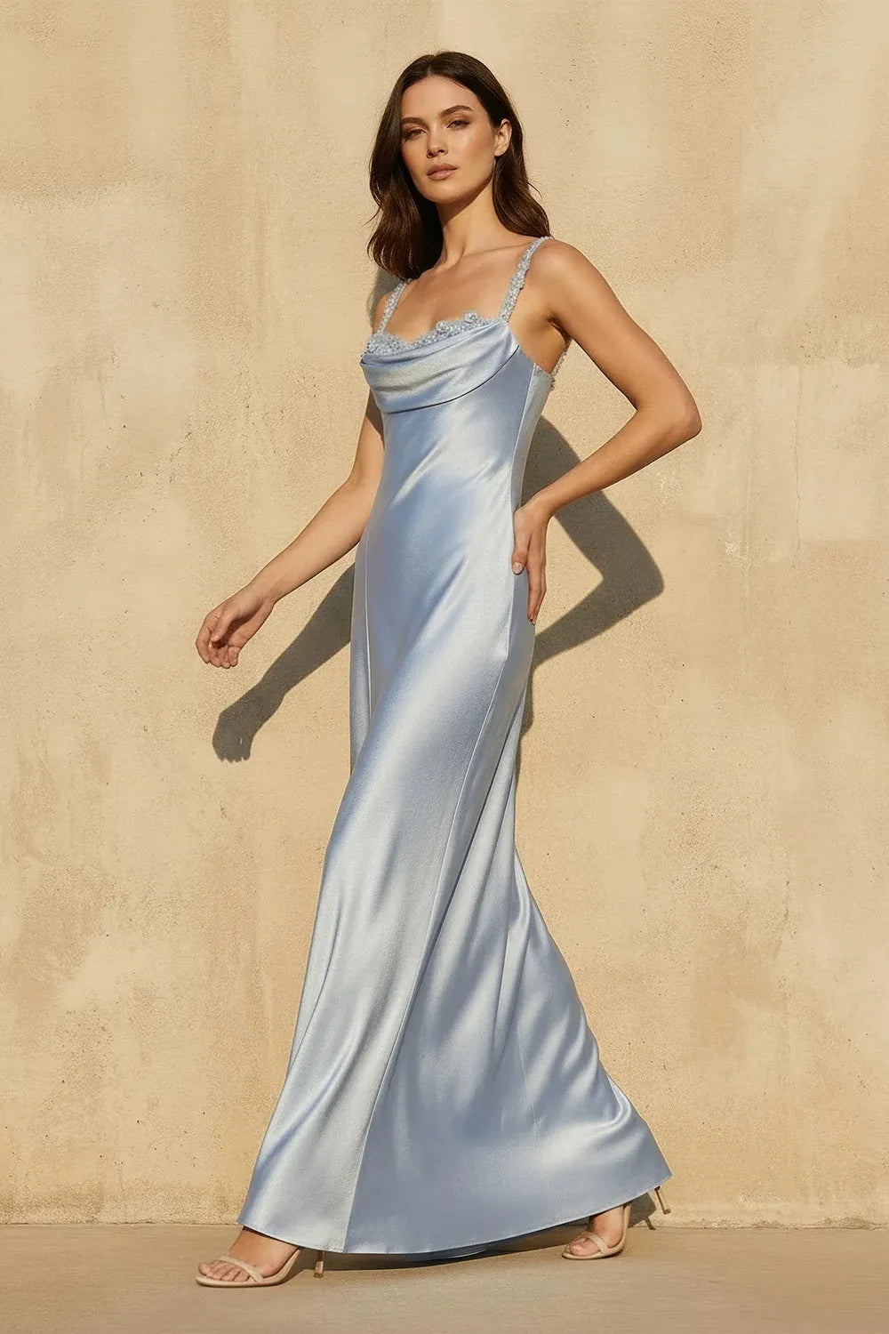 Elegant Cowl Neck Satin Embroidered Open Back Maxi Dress