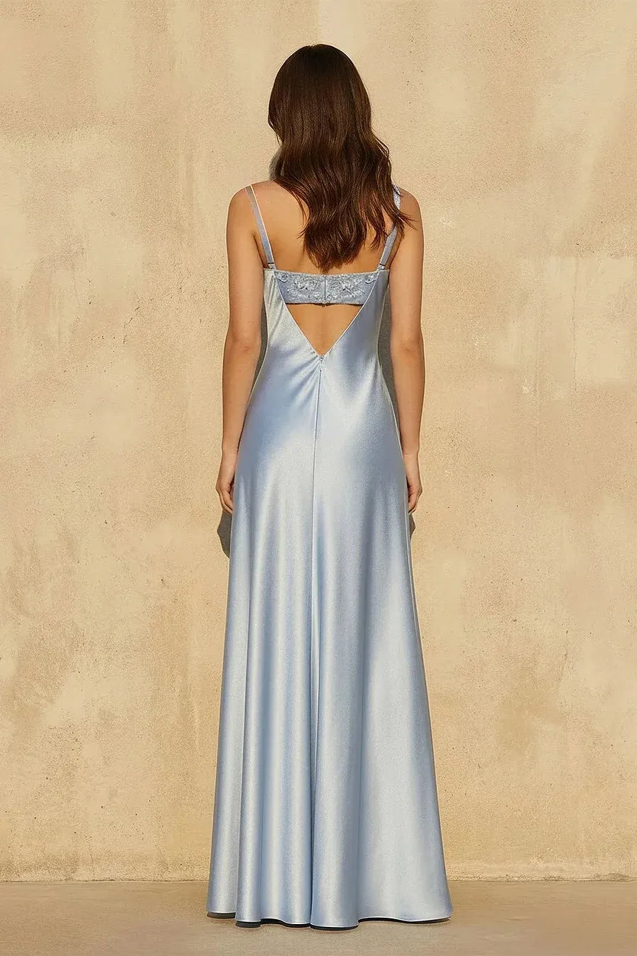 Elegant Cowl Neck Satin Embroidered Open Back Maxi Dress