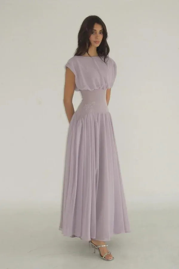 Elegant Draped Cap Sleeve Ruched Waist Chiffon A-Line Maxi Dress