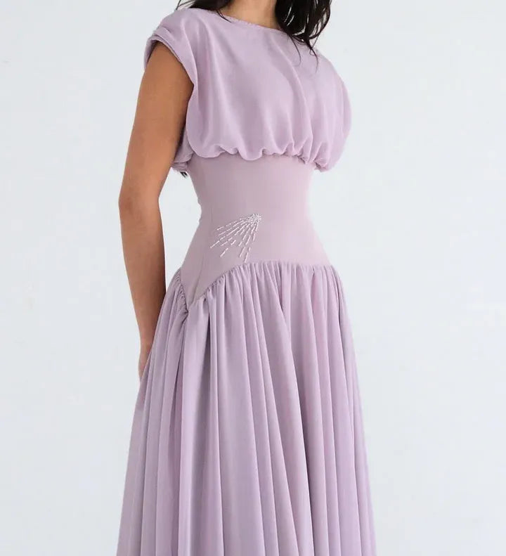 Elegant Draped Cap Sleeve Ruched Waist Chiffon A-Line Maxi Dress