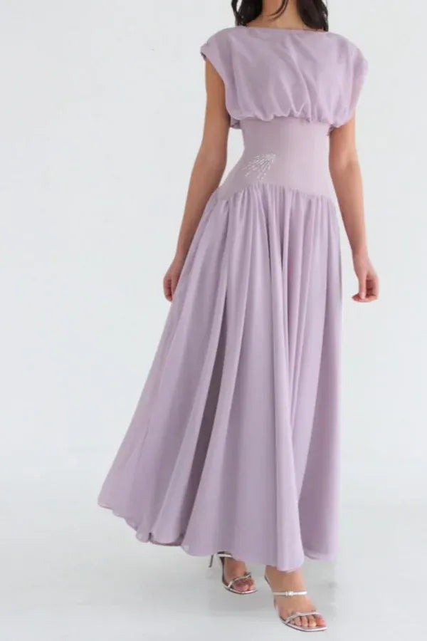 Elegant Draped Cap Sleeve Ruched Waist Chiffon A-Line Maxi Dress