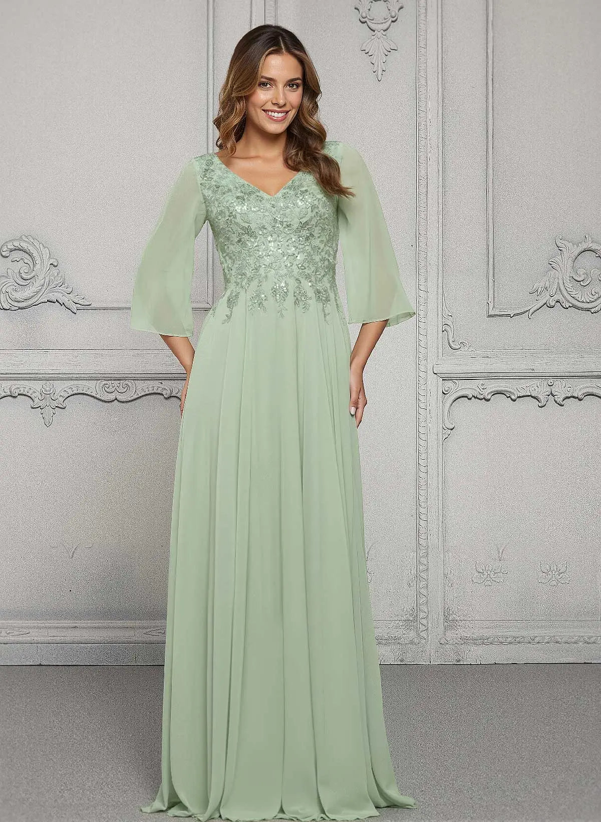 Elegant Dusty Sage V-Neck Lace & Chiffon A-Line Evening Gown with Three-Quarter Sleeves