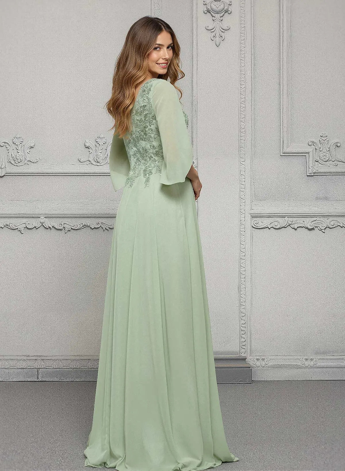 Elegant Dusty Sage V-Neck Lace & Chiffon A-Line Evening Gown with Three-Quarter Sleeves