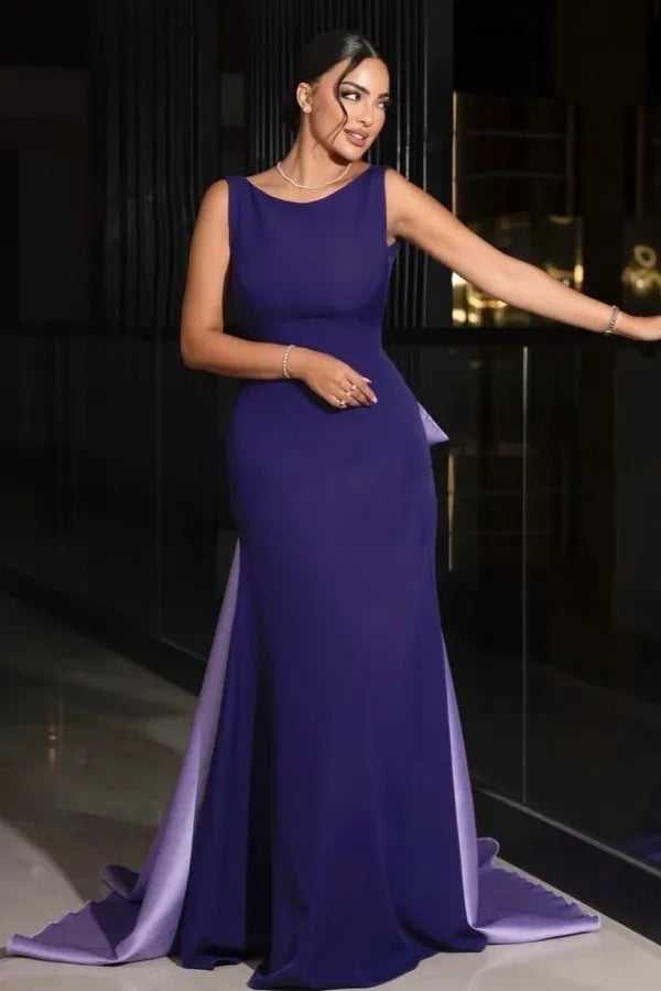 Elegant Fitted Mermaid Bateau Neck Sleeveless Open Bow Back Train Evening Dress