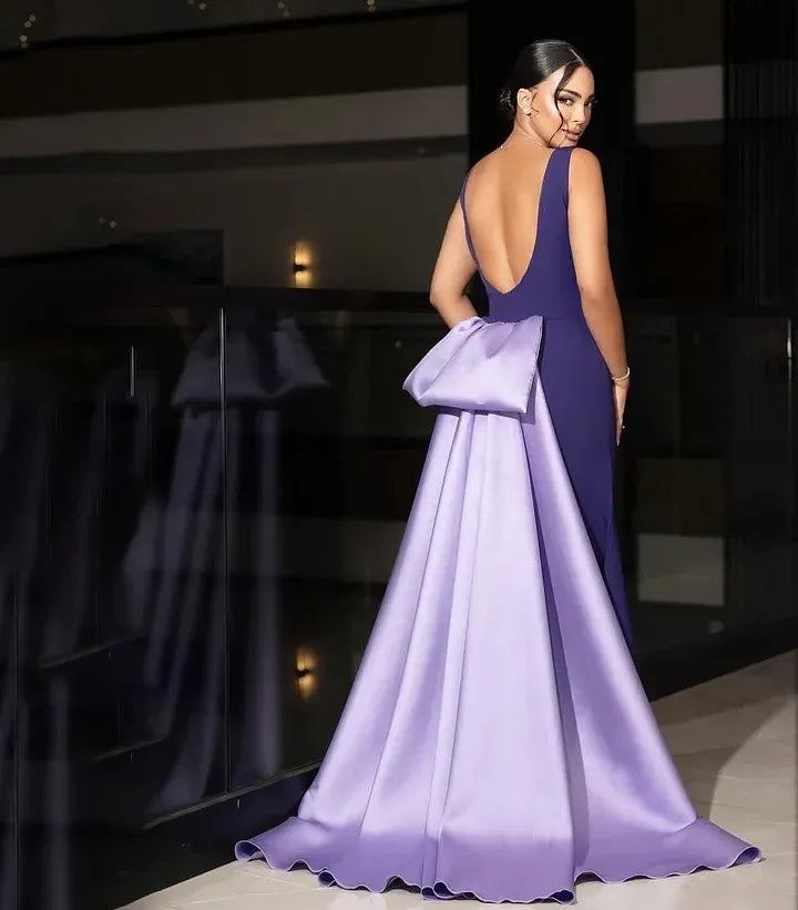 Elegant Fitted Mermaid Bateau Neck Sleeveless Open Bow Back Train Evening Dress