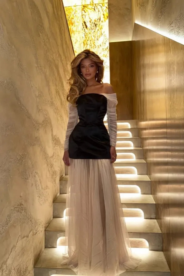 Elegant Fitted Sheath Off The Shoulder Long Sleeve Open Back Train Evening Dress
