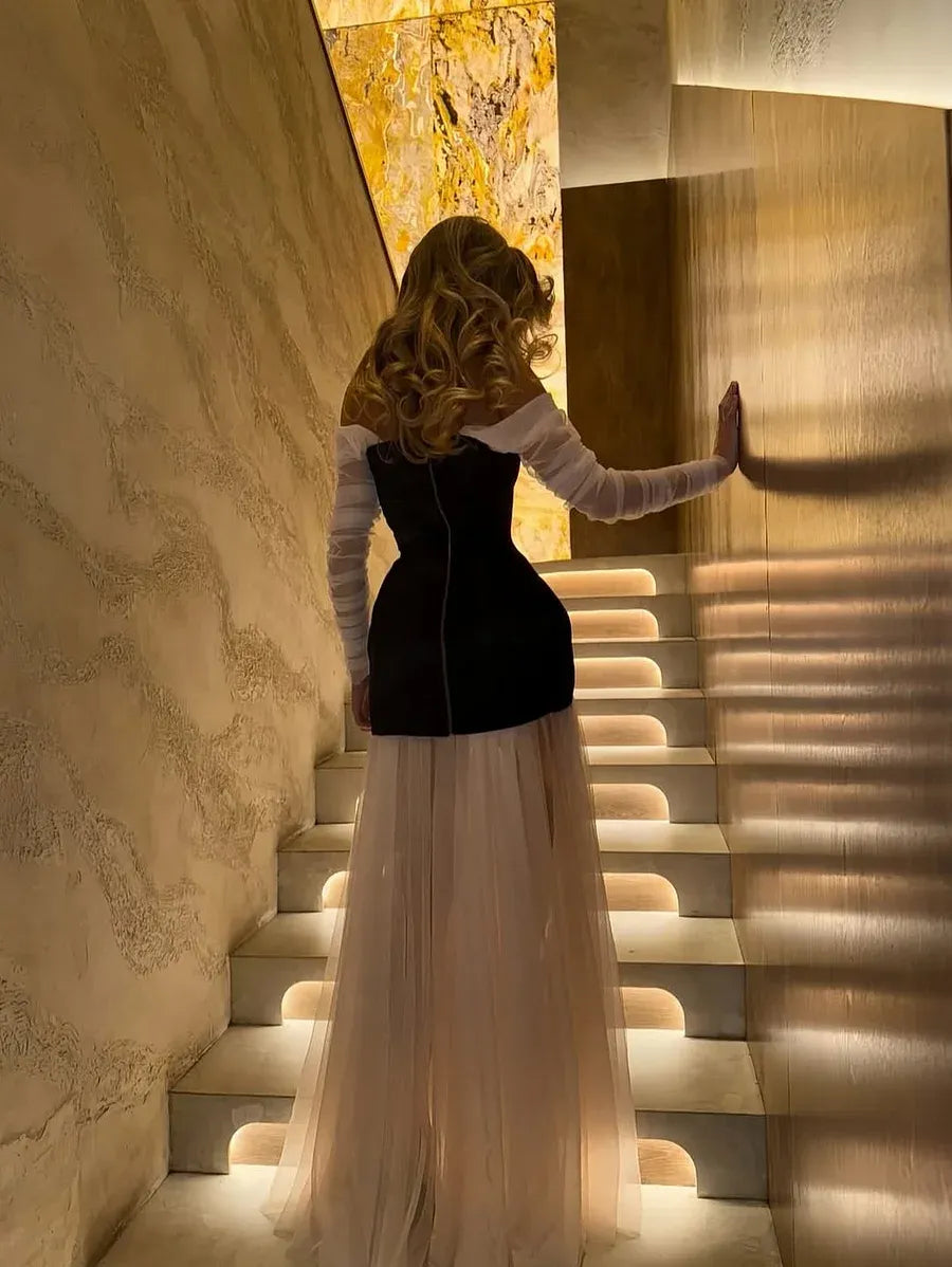 Elegant Fitted Sheath Off The Shoulder Long Sleeve Open Back Train Evening Dress