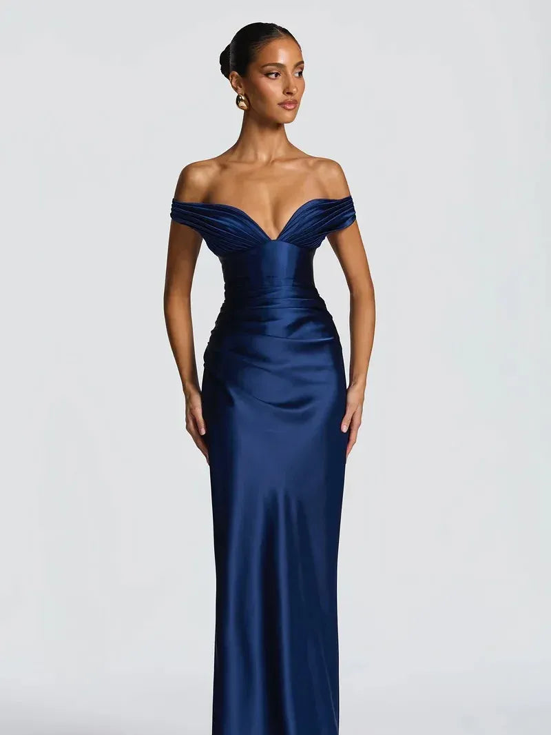 Elegant Fitted Sheath Off The Shoulder Sleeveless Lace-Up Back Maxi Evening Dress
