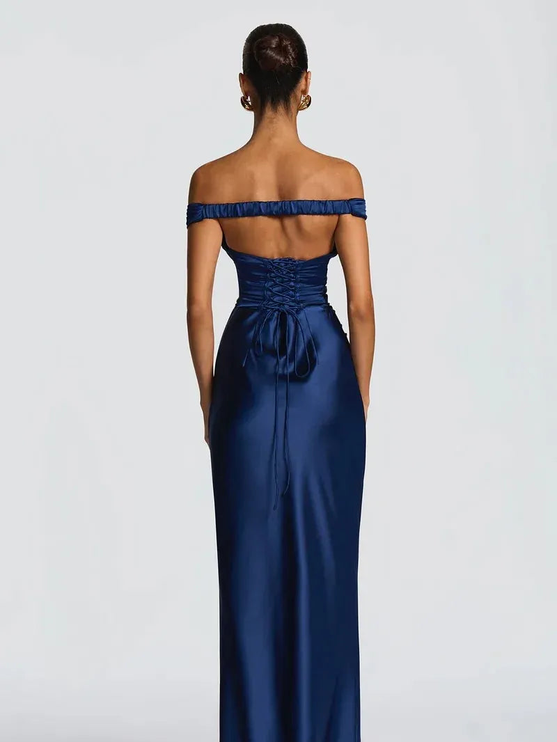 Elegant Fitted Sheath Off The Shoulder Sleeveless Lace-Up Back Maxi Evening Dress