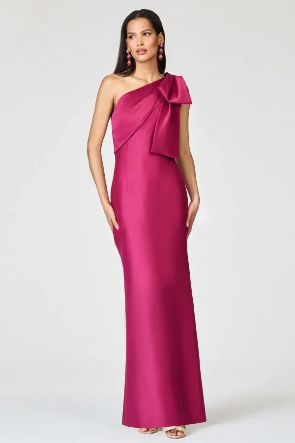 Elegant Fitted Sheath One Shoulder Sleeveless Open Back Bow Slit Evening Dress