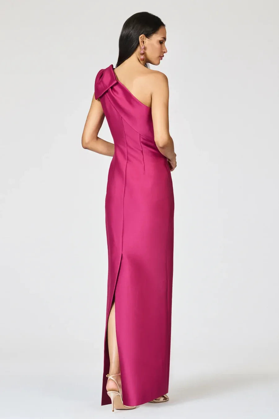 Elegant Fitted Sheath One Shoulder Sleeveless Open Back Bow Slit Evening Dress