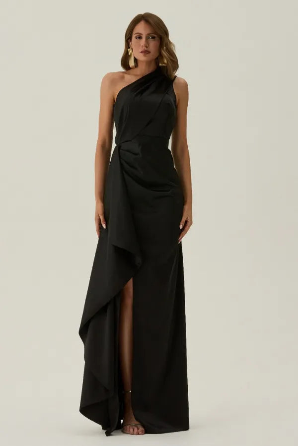 Elegant Fitted Sheath One Shoulder Sleeveless Open Back Split Train Evening Dress