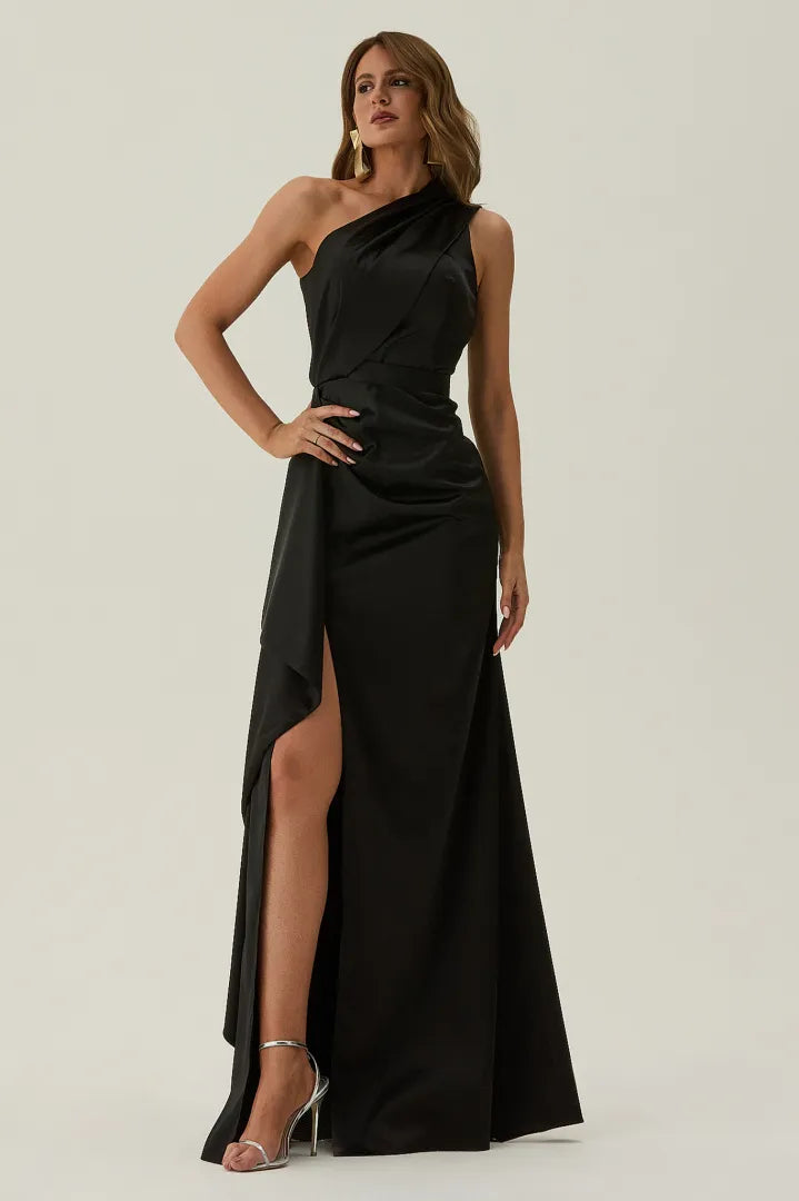 Elegant Fitted Sheath One Shoulder Sleeveless Open Back Split Train Evening Dress