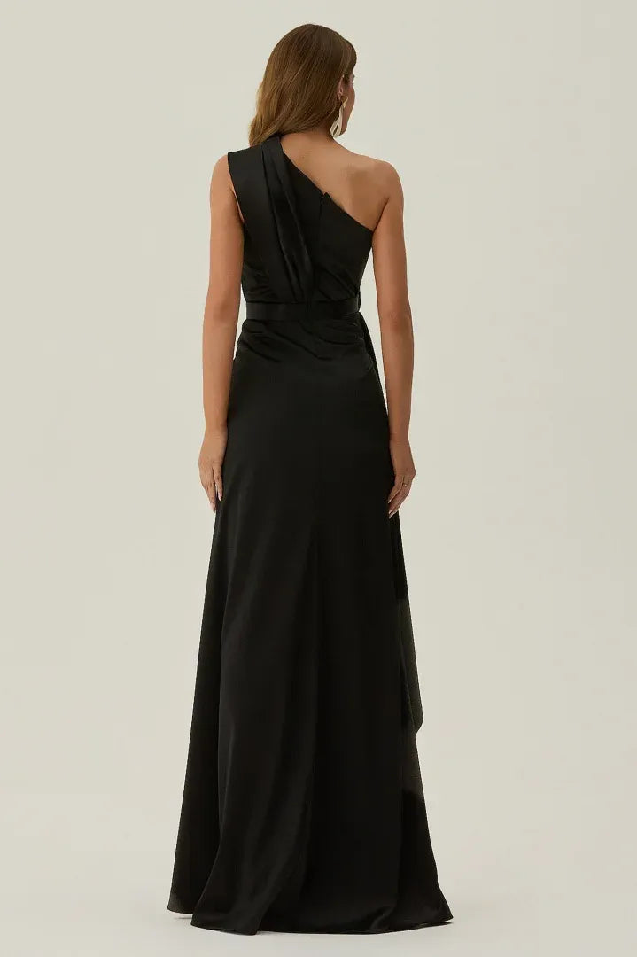 Elegant Fitted Sheath One Shoulder Sleeveless Open Back Split Train Evening Dress
