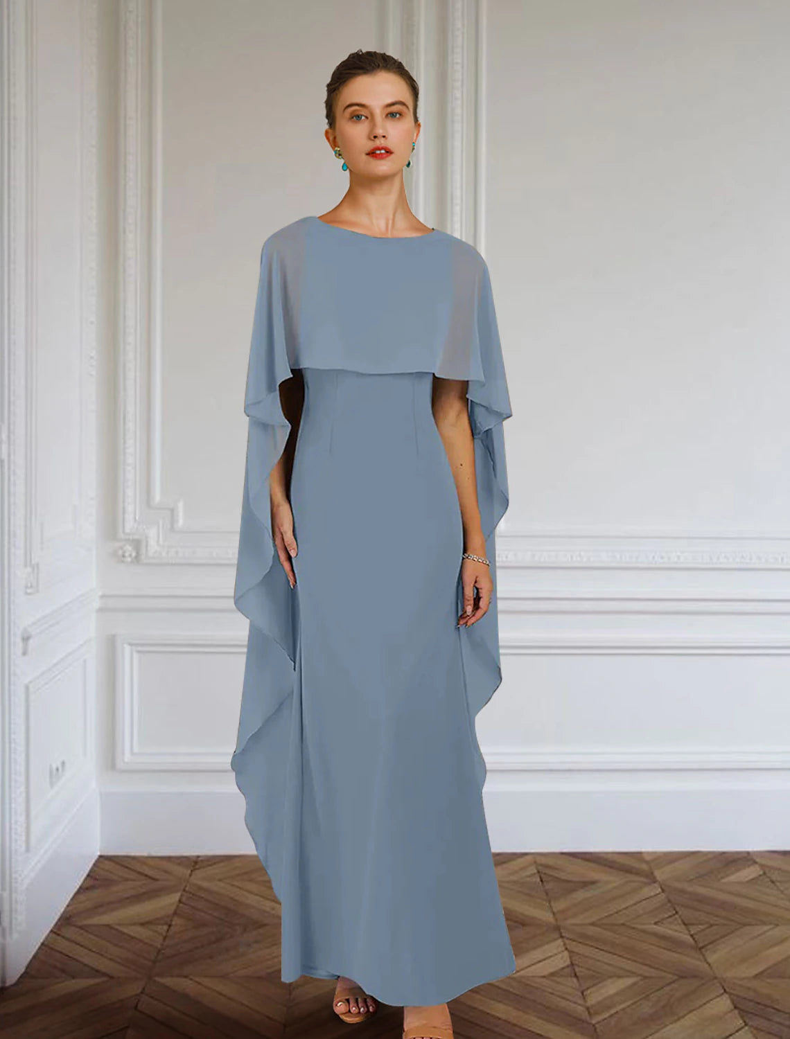 Elegant Weitese chiffon sheath dress with jewel neck and side draping.