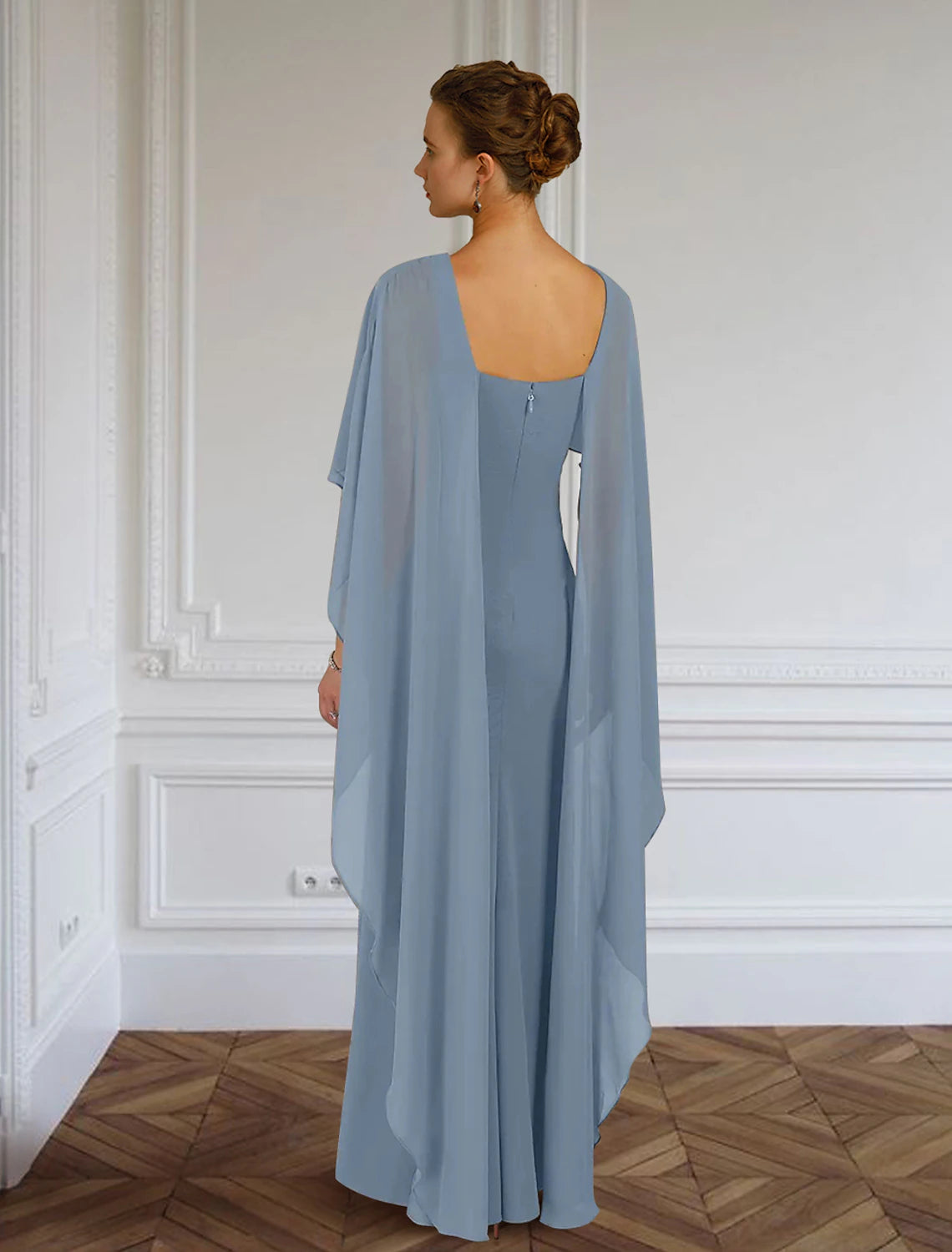 Side view of the Weitese floor-length chiffon dress, highlighting the elegant draping.