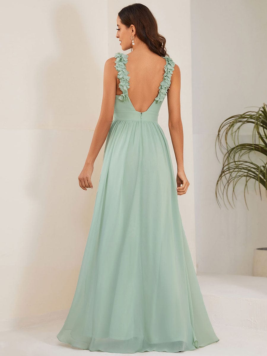 Back view of Weitese floral applique pleated chiffon bridesmaid dress in mint green.