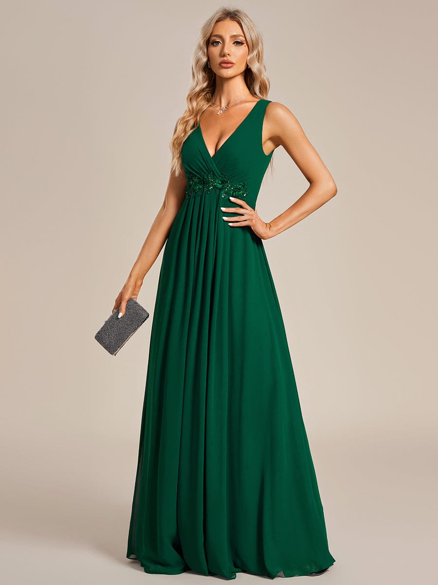 Weitese floral applique chiffon evening dress in dark green.