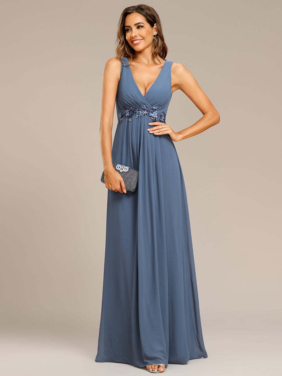 Weitese floral applique chiffon evening dress in dark navy.