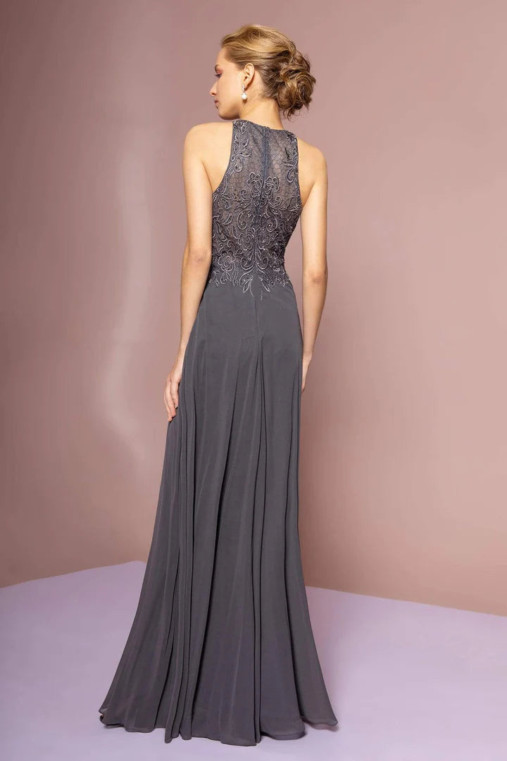 Woman wearing Weitese floral embroidered A-line dress, side view.