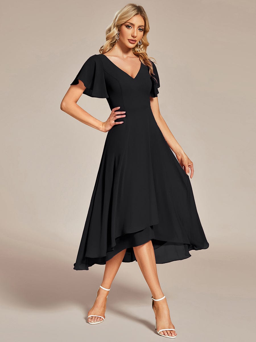Front view of a black flowing chiffon V-neck A-line bridesmaid dress with ruffle sleeves.