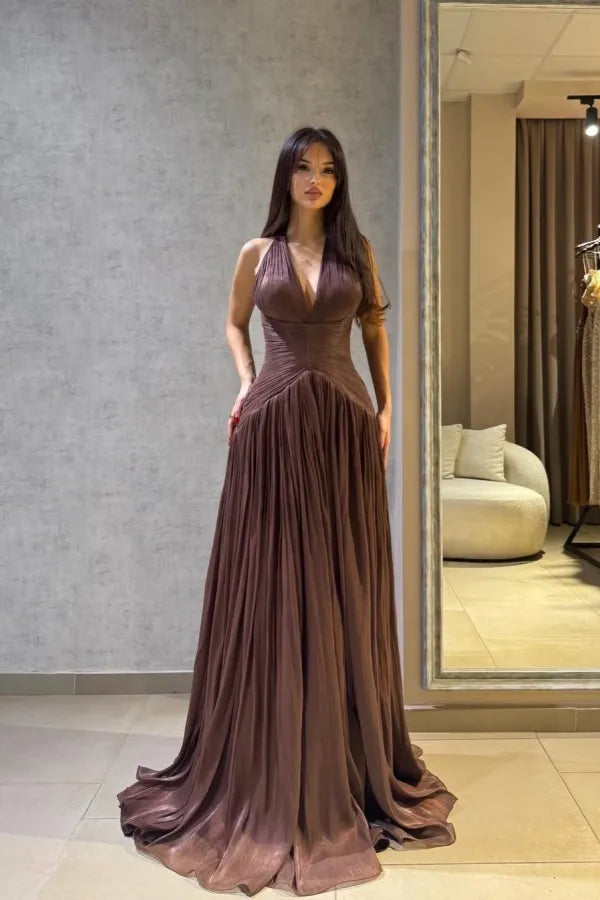 Elegant Flowy A-Line Halter Neck Sleeveless Open Back Train Evening Dress