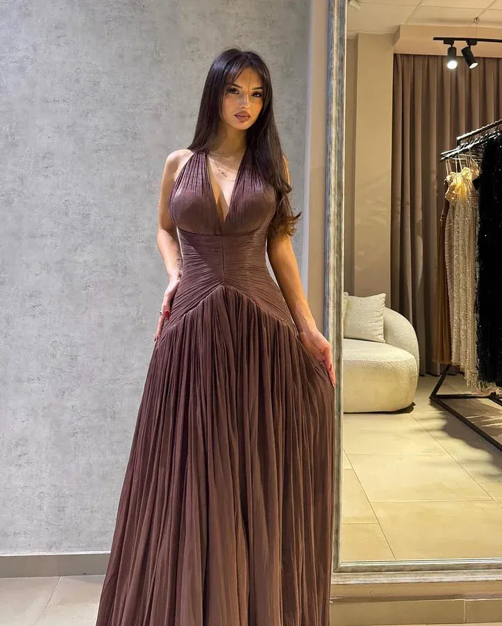 Elegant Flowy A-Line Halter Neck Sleeveless Open Back Train Evening Dress