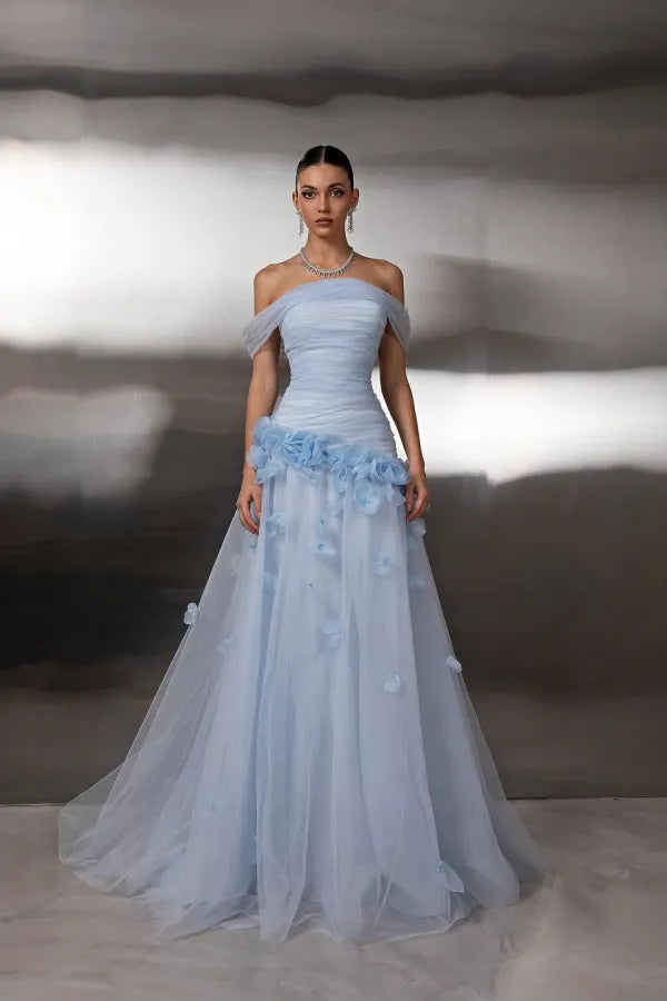 Elegant Flowy A-Line Off The Shoulder Sleeveless Open Back 3D Flower Train Evening Dress