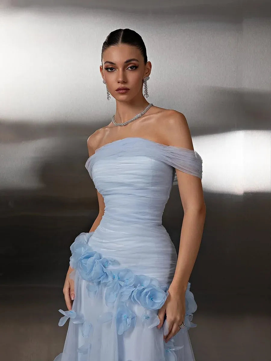 Elegant Flowy A-Line Off The Shoulder Sleeveless Open Back 3D Flower Train Evening Dress