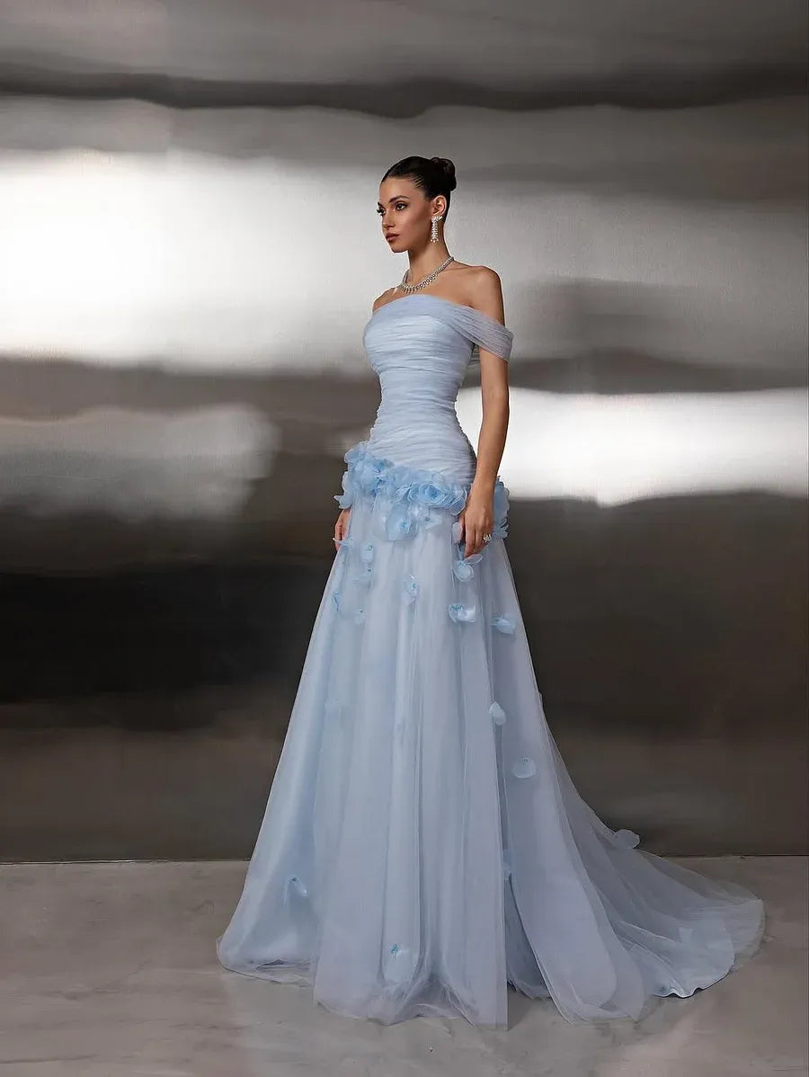 Elegant Flowy A-Line Off The Shoulder Sleeveless Open Back 3D Flower Train Evening Dress