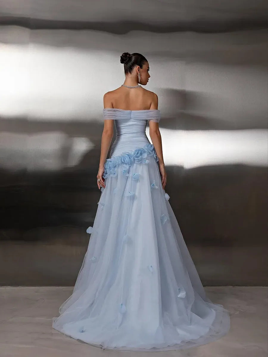 Elegant Flowy A-Line Off The Shoulder Sleeveless Open Back 3D Flower Train Evening Dress