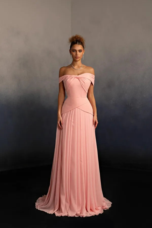 Elegant Flowy A-Line Off The Shoulder Sleeveless Open Back Train Evening Dress