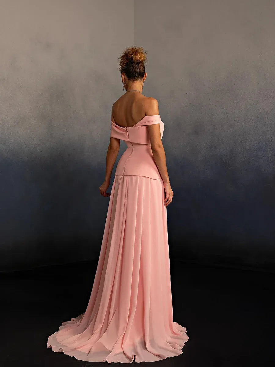 Elegant Flowy A-Line Off The Shoulder Sleeveless Open Back Train Evening Dress