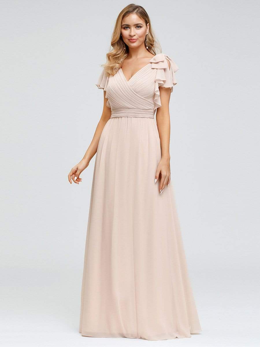 Model wearing a blue Weitese elegant pleated chiffon ruffle sleeve evening gown.