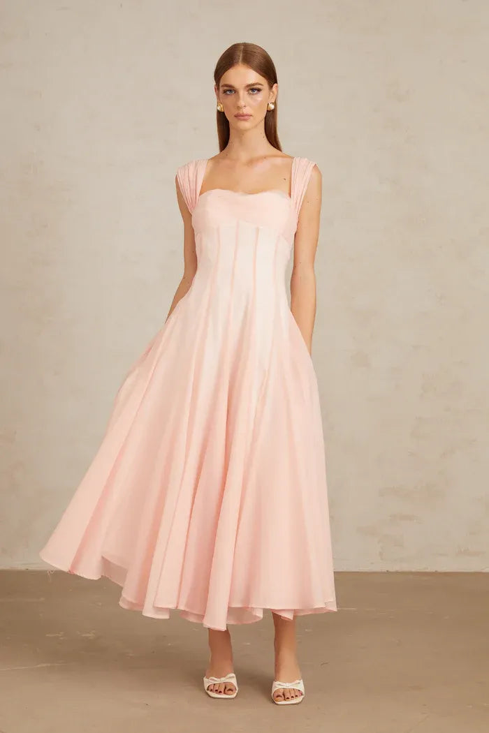 Elegant Flowy A-Line Square Neck Cap Sleeve Open Back Midi Cocktail Dress