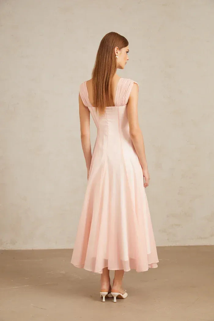Elegant Flowy A-Line Square Neck Cap Sleeve Open Back Midi Cocktail Dress