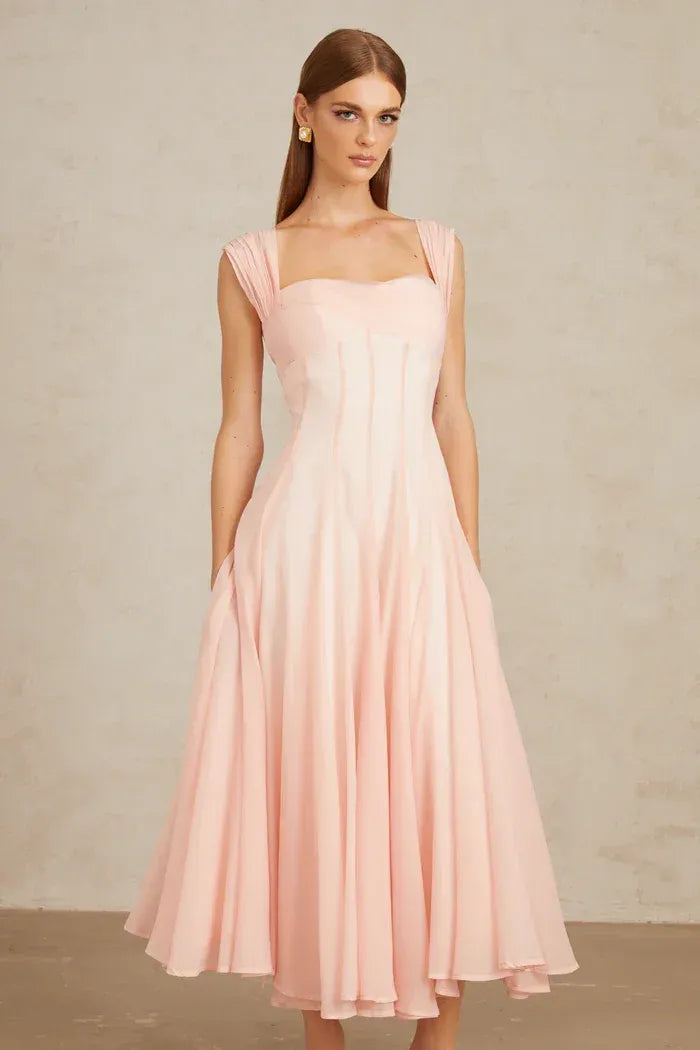 Elegant Flowy A-Line Square Neck Cap Sleeve Open Back Midi Cocktail Dress