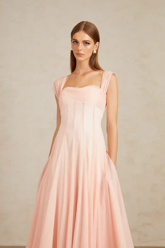 Elegant Flowy A-Line Square Neck Cap Sleeve Open Back Midi Cocktail Dress