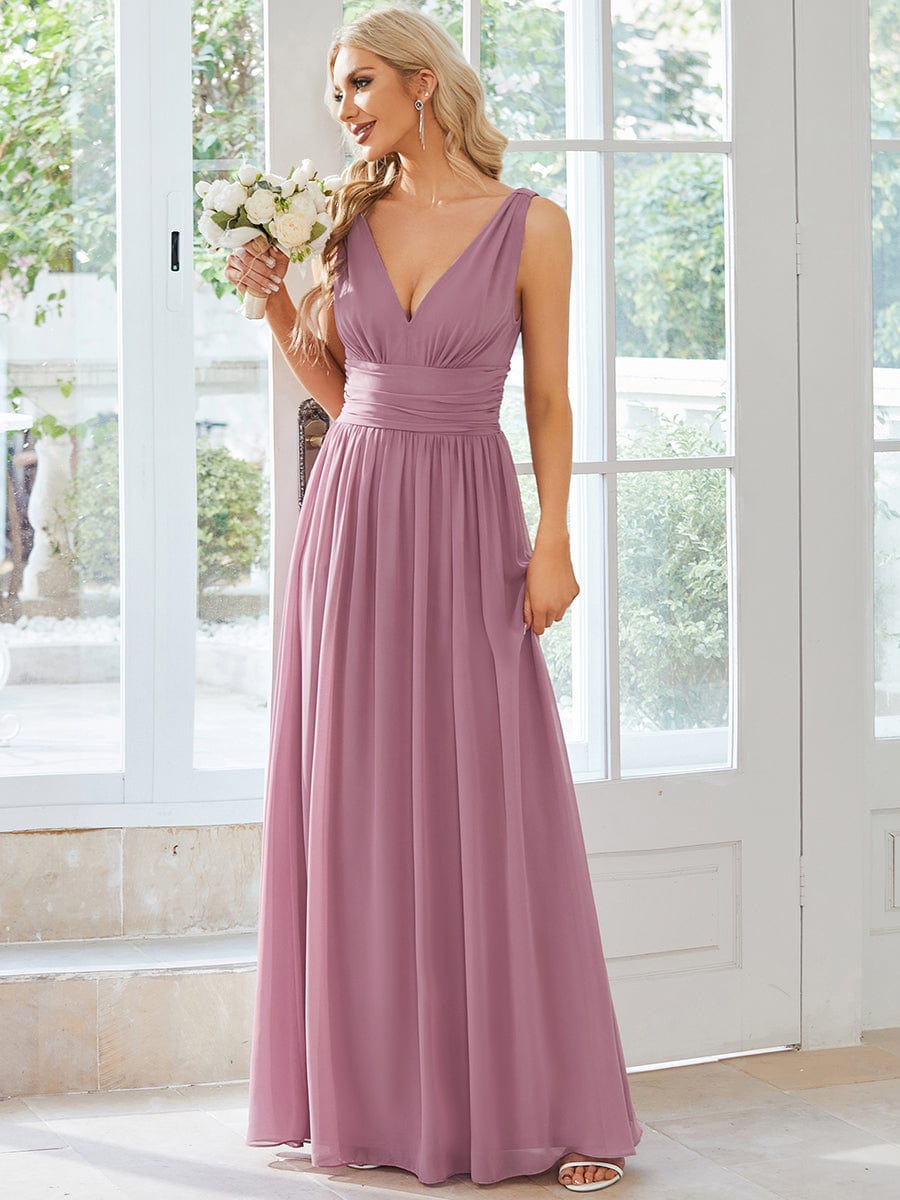 Back view of the sleeveless chiffon bridesmaid gown.