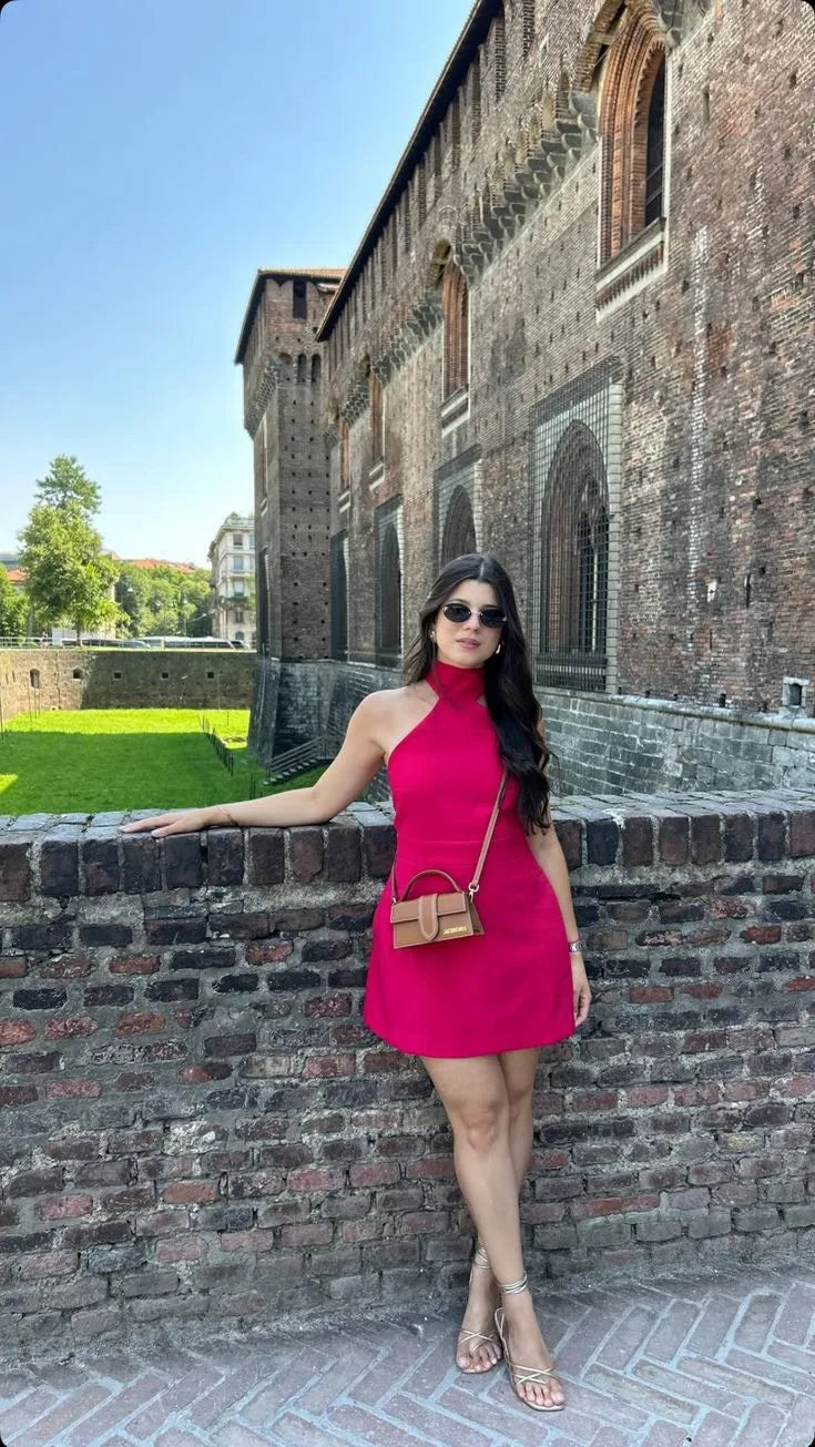 Elegant Halter Neck A-Line Mini Dress with High Neck