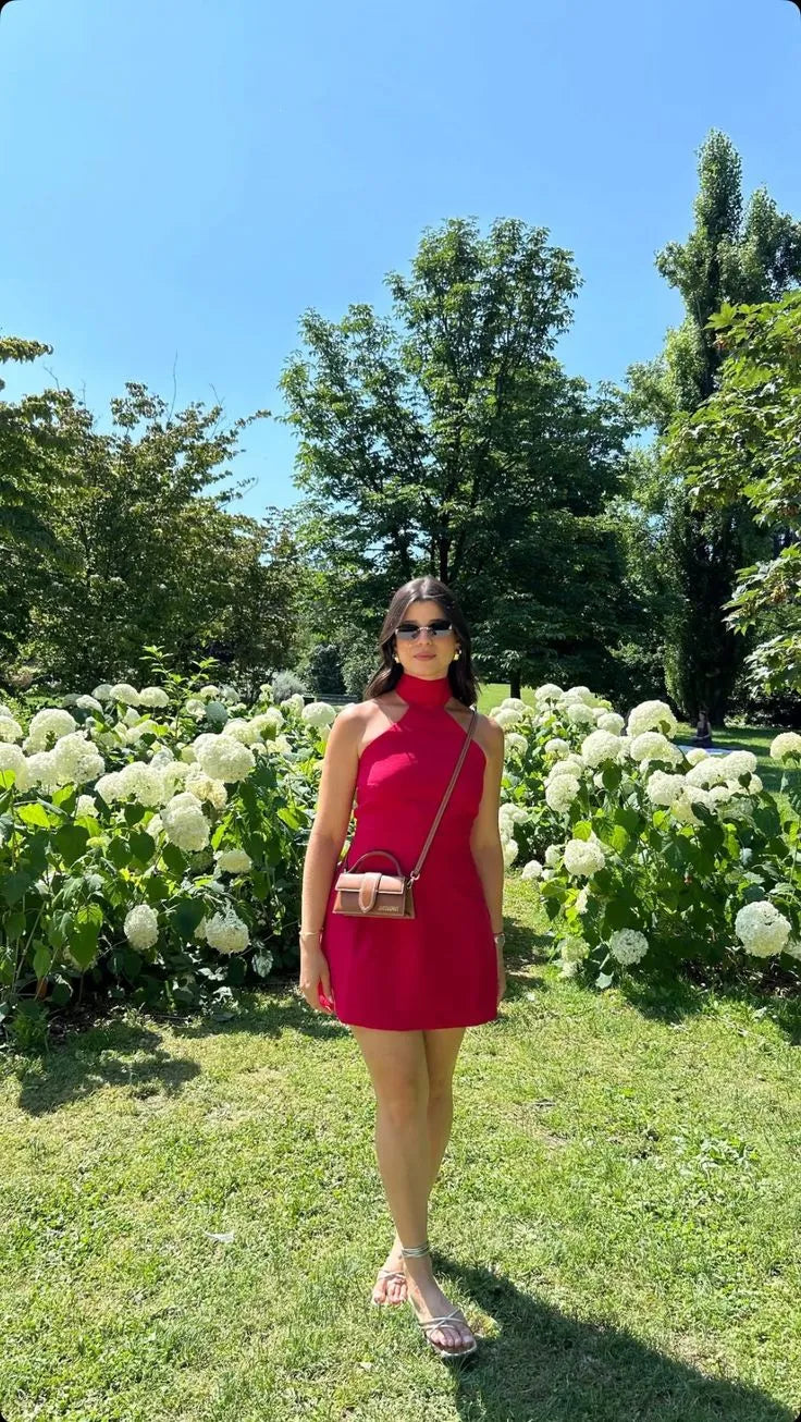 Elegant Halter Neck A-Line Mini Dress with High Neck