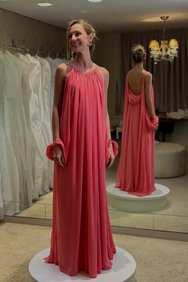 Elegant Halter Neck Ruched Open Back Chiffon Maxi Dress