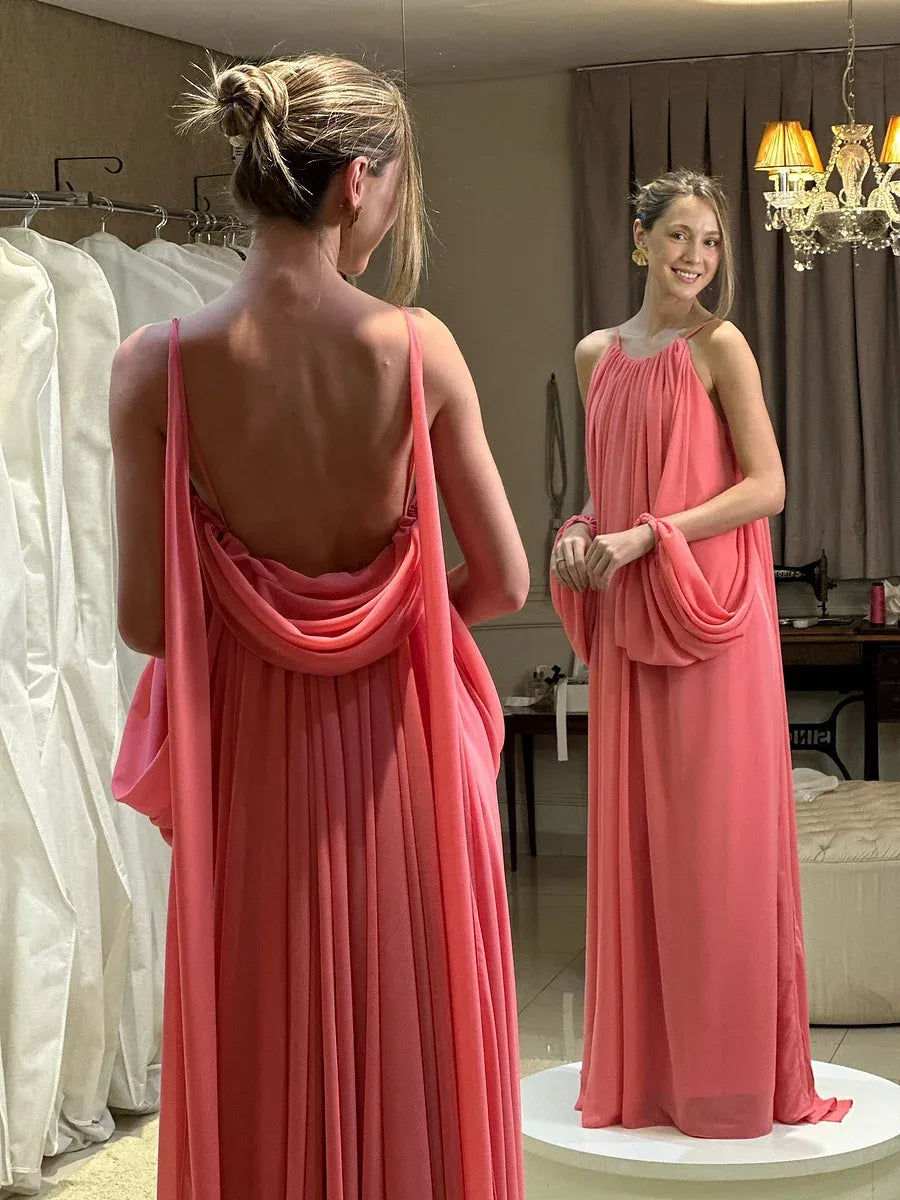 Elegant Halter Neck Ruched Open Back Chiffon Maxi Dress