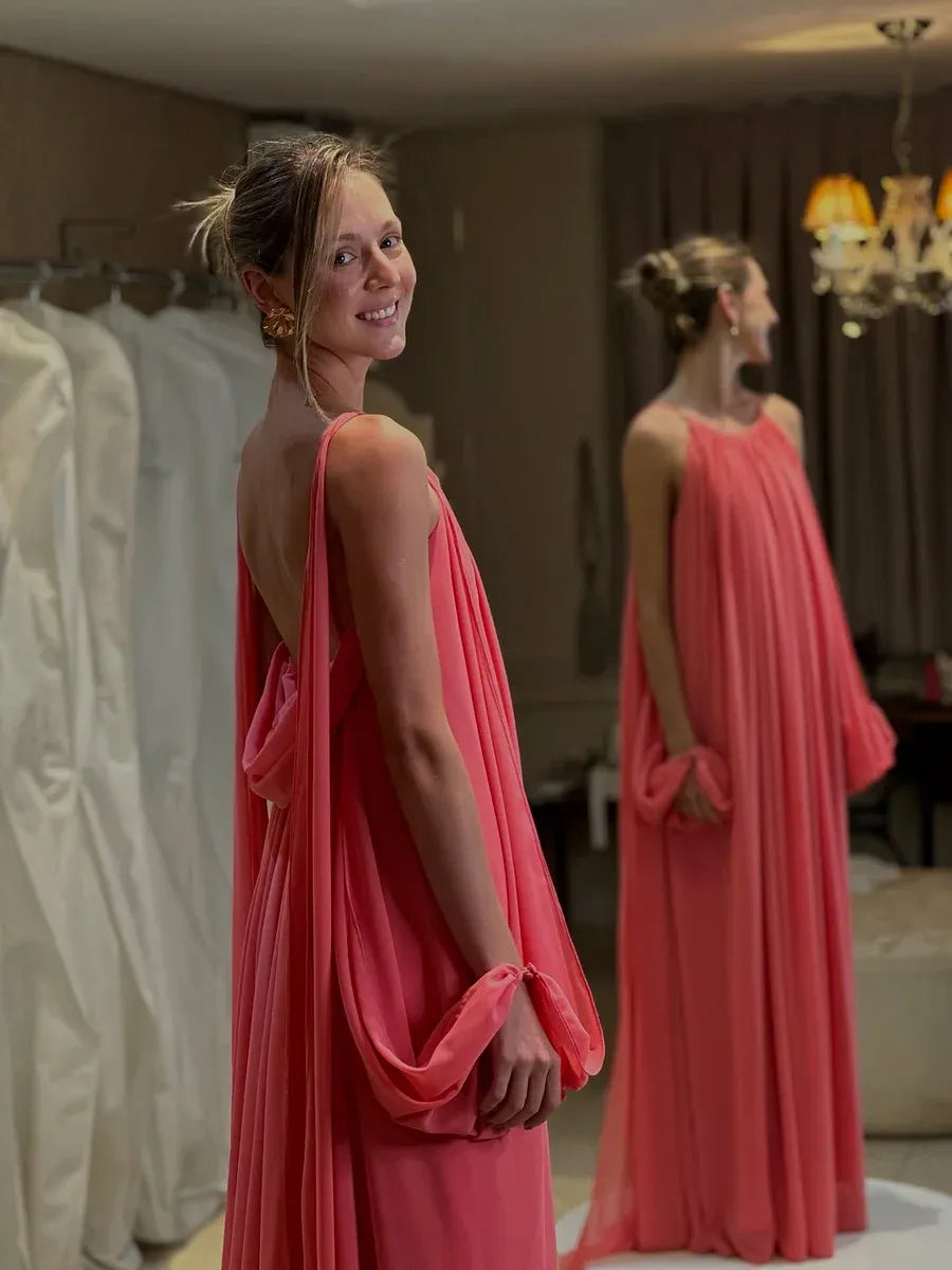 Elegant Halter Neck Ruched Open Back Chiffon Maxi Dress