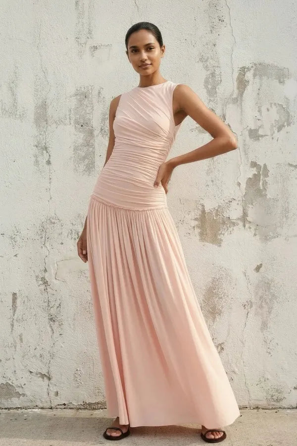 Elegant Halter Neck Ruched Tie-Back Pleated Maxi Dress