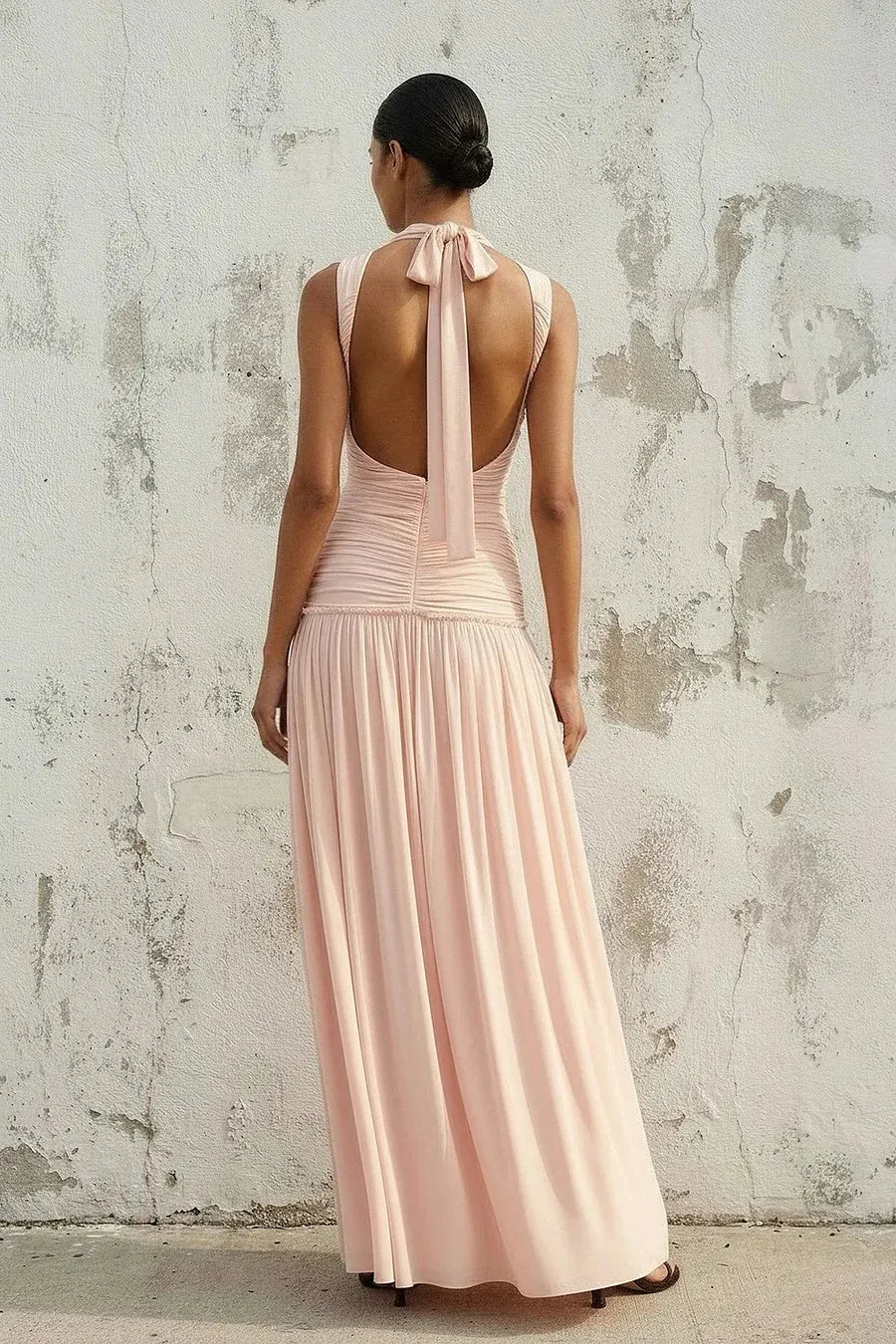 Elegant Halter Neck Ruched Tie-Back Pleated Maxi Dress